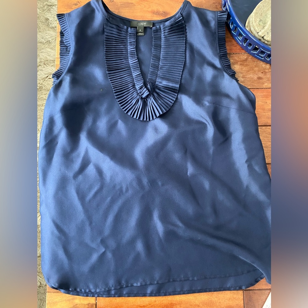 J.crew Jcrew Dark Blue Sleeveless Fan Ruffle Neck Tank Top